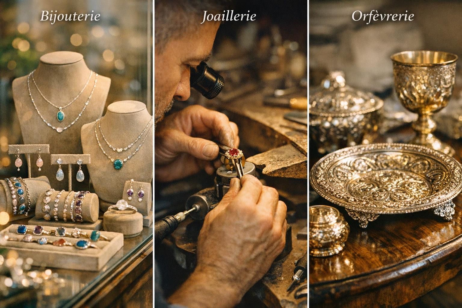 découvrez les différences entre bijouterie, joaillerie et orfèvrerie pour mieux comprendre ces métiers d'art et choisir vos bijoux avec savoir-faire.